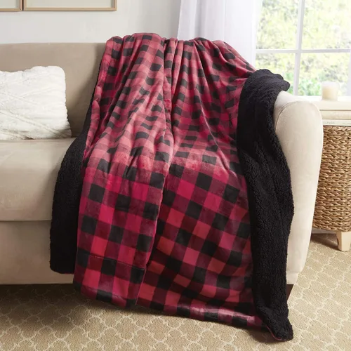 Miniatura 2 de Manta Sherpa súper suave, reversible, ultra lujosa, manta de felpa de 60 x 70 pulgadas, diseño de cuadros búfalos, rojo/negro Gris / Blanco