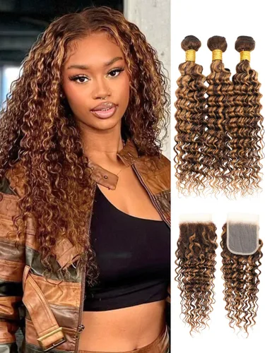 Miniatura 35 de P4/27 Cabello Humano Solitario de Onda Profunda con Reflejos Rubios Miel, 12A 100% Tejido Brasileño Virgen Ondulado Grueso con Mechas Ombre Marrón