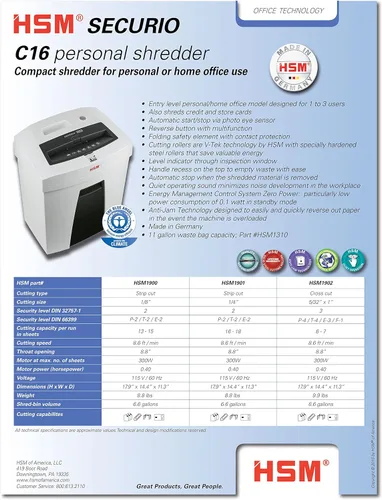 Miniatura 2 de HSM SECURIO C16s, trituradora de 16 a 18 hojas, corte en tiras, capacidad de 6.6 galones