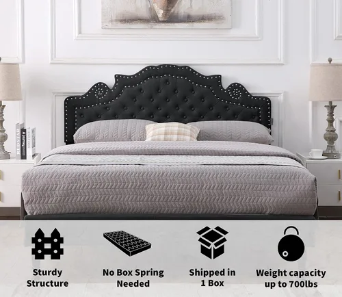Miniatura 5 de Base de cama de plataforma tapizada tamaño Queen con cabecero ajustable de 47 pulgadas de alto, cama de lino copetuda con botones, soporte de Beige