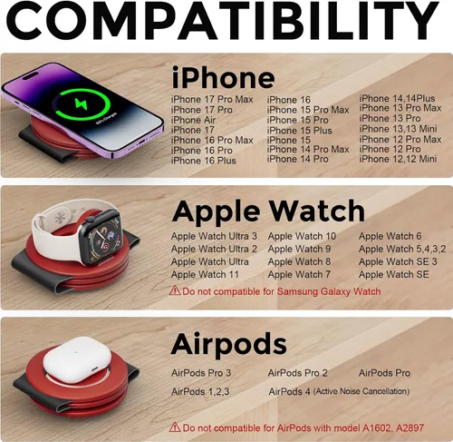 Miniatura 6 de Hicober Estación de carga inalámbrica 3 en 1 para Apple Watch y iPhone Air 17 16 15 14 13 12 Pro Max/Plus, Soporte de estación de carga inalámbrica