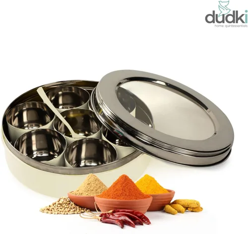 Miniatura 2 de DUDKI Homes - Caja Masala de acero inoxidable, caja de especias, Masala Dabba con organizador de cocina con tapa transparente con 7 recipientes