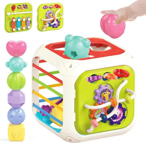 7 en 1 Juguetes Sensoriales de Desarrollo Multifuncionales para Bebés de 2 Años, Juego de Clasificación de Formas con Cuerda de Arrastre y Coche de