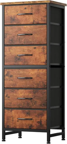 Miniatura 10 de Sweetcrispy Cómoda alta de tela para dormitorio, cómoda delgada de 6 cajones, torre de almacenamiento estrecha con parte superior de madera y marco