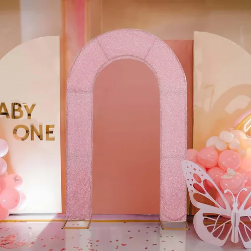 Miniatura 2 de Efavormart - Cubierta de telón de fondo de arco abierto de 7 pies, color oro rosa brillante, de elastano, con doble cara en forma de U, para arco