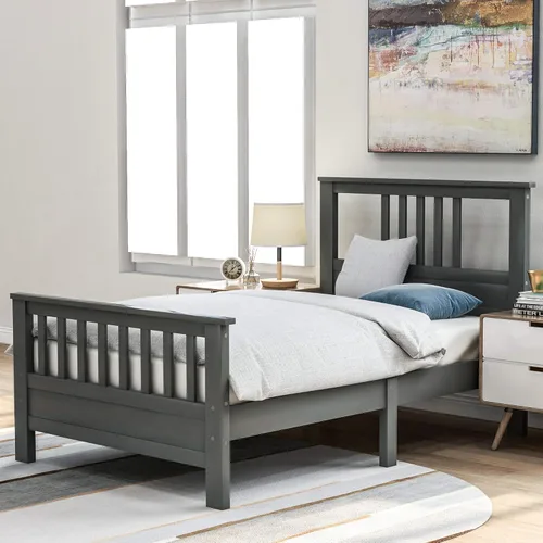 Miniatura 9 de Polibi Cama de plataforma de madera de tamaño individual con cabecero, estribo, listones de madera, no necesita somier (blanco)