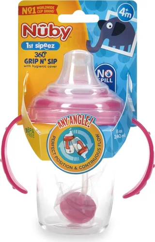 Miniatura 5 de Nuby 360 Grip N' Sip - Vaso Tritan, 8 onzas, popote con peso con funda higiénica, color rosa