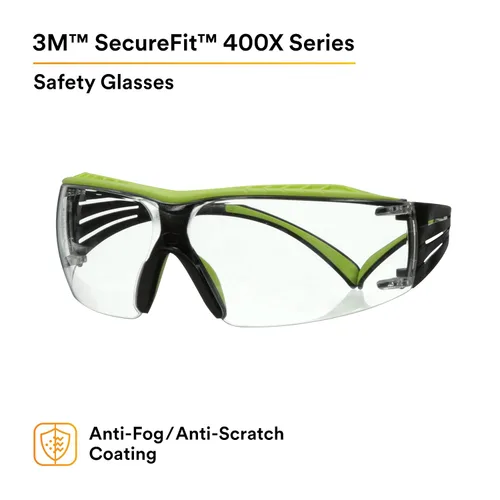 Miniatura 11 de 3M Gafas de seguridad, SecureFit 400X, ANSI Z87, lente transparente antivaho y antiarañazos, marco verde y negro, protector de cejas, ligero, puente