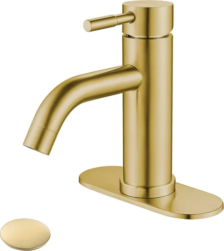 Grifo de lavabo de baño de un solo agujero, oro cepillado, moderno grifo de baño de una sola manija comercial de acero inoxidable con drenaje