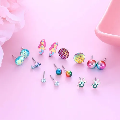 Miniatura 5 de Varios aretes de tuerca con temática de la vida marina del océano, juego de 30 pares, múltiples perlas de cristal, concha marina, escala de peces