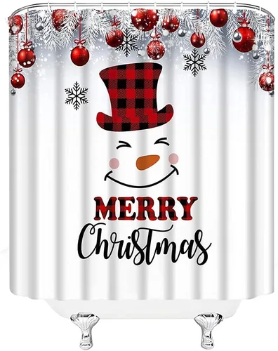 Miniatura 3 de Cortina de ducha con diseño de muñeco de nieve, diseño de búfalo rojo, negro, a cuadros, lindo muñeco de nieve rojo, rojo, pájaro de Navidad, ramita