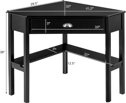 Miniatura 3 de KOTEK Escritorio esquinero con cajón y estantes, escritorio de madera para oficina en casa, escritorio de computadora triangular, escritorio de Negro