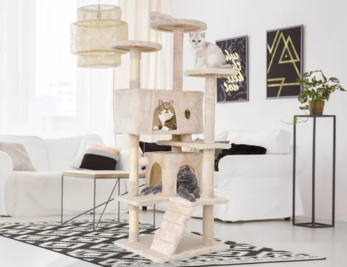 Go Pet Club - Árbol para gatos de varios niveles de 54 pulgadas de alto con 3 postes rascadores, 3 plataformas, 2 condominios, juguetes, diseño de