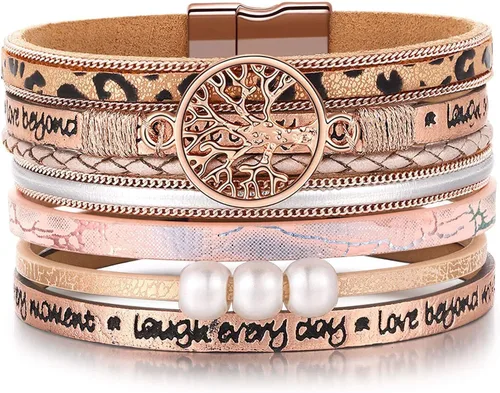 Pulseras inspiradoras de cuero con árbol de la vida para mujeres, regalos de joyería para adolescentes y niñas, Metal, Circonita cúbica