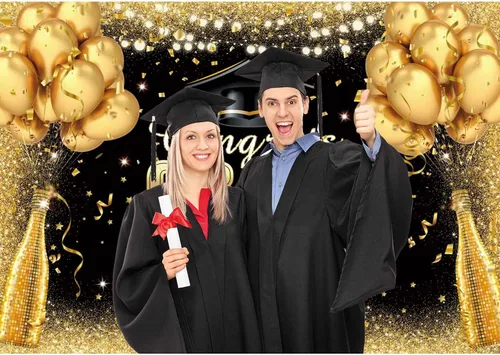 Miniatura 2 de Cartel de graduación de 7 x 5 pies para celebrar la clase de 2025, decoraciones de fiesta con globos negros y dorados con purpurina negra y dorada