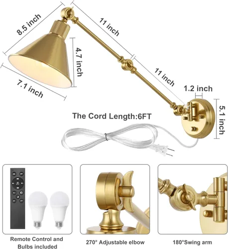 Miniatura 6 de TRLIFE Aplique de pared con control remoto, apliques de pared de latón cepillado enchufables, regulables y con temperatura de color ajustable Dorado
