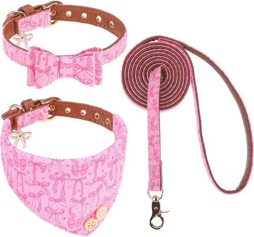 Miniatura 22 de EXPAWLORER Juego de collar y correa para perro - Corbata de moño clásica a cuadros para perro y collar bandana para perro con campana, correa