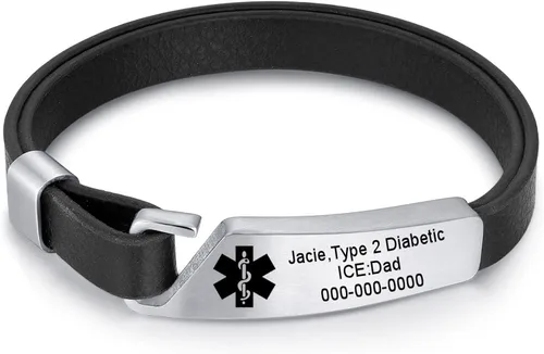 QINGDUO - Pulseras de alerta médica grabadas personalizadas para mujeres y hombres, pulsera médica de acero inoxidable + cuero, pulsera médica de