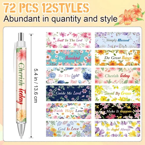 Miniatura 2 de Jutom 72 bolígrafos con versículo bíblico, bolígrafos de flores cristianas, bolígrafos con citas inspiradoras, bolígrafos retráctiles de tinta negra