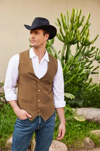 Miniatura 3 de COOFANDY Chaleco de traje de cuero de gamuza para hombre, chaleco occidental casual, chaleco ajustado