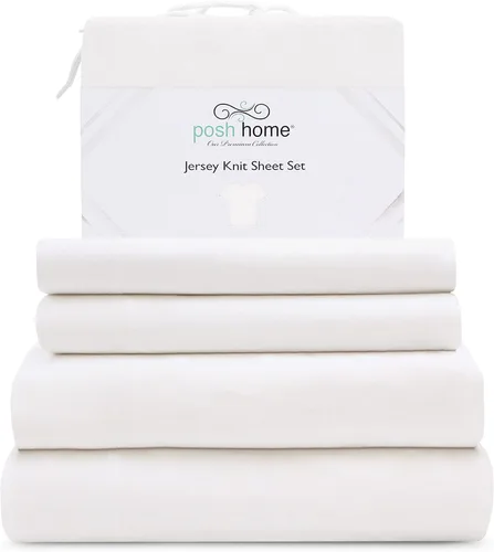 Miniatura 15 de Posh Home Juego de sábanas de punto de jersey, sábanas de 3 piezas, sábanas de jersey de algodón transpirable y suave, incluye sábana encimera