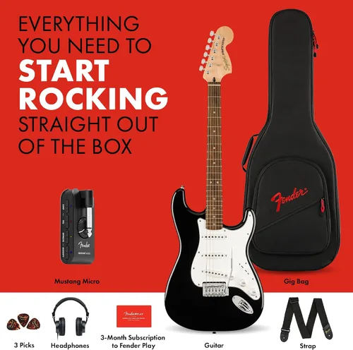 Miniatura 5 de Fender Affinity Series Stratocaster Mustang Micro Pack, diapasón de laurel, negro, bolsa de concierto, HD9, EE. UU., CA, UE, AU, JP