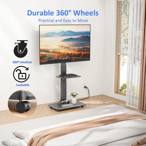 Miniatura 3 de Soporte de TV móvil con ruedas y toma de corriente, carrito de TV para televisores de 32 a 75 pulgadas hasta 110 libras, 18 alturas ajustables, Max