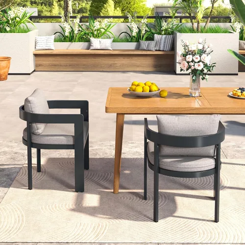 Miniatura 5 de GDFStudio Juego de 2 sillas de comedor de aluminio con cojín beige, asiento moderno para exteriores, interiores, patio trasero, piscina, balcón, 300