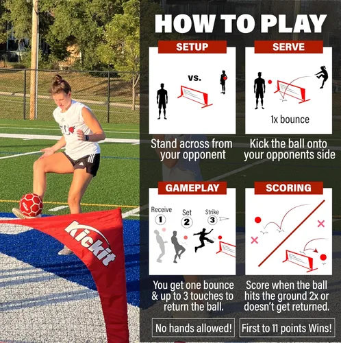 Miniatura 3 de Kickit Soccer Tennis Game Set, Portable 6.5' Wide x 2' High Net & Soft Lightweight Ball, Play Outdoors, Indoors, Backyard, Beach, Complete Skills