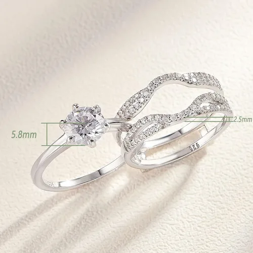 Miniatura 6 de Wuziwen Anillos de boda para mujer juego de anillos de compromiso redondos con circonita cúbica y solitario plata de ley talla 4-13 Piedra Zirconia