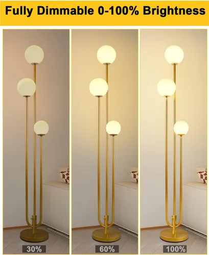 Miniatura 4 de Lightdot Lámpara de pie dorada de 63 pulgadas, regulable, 3 luces, globo LED, con 3000 K, blanco cálido suave para boda/fiesta, portavelas, lámpara