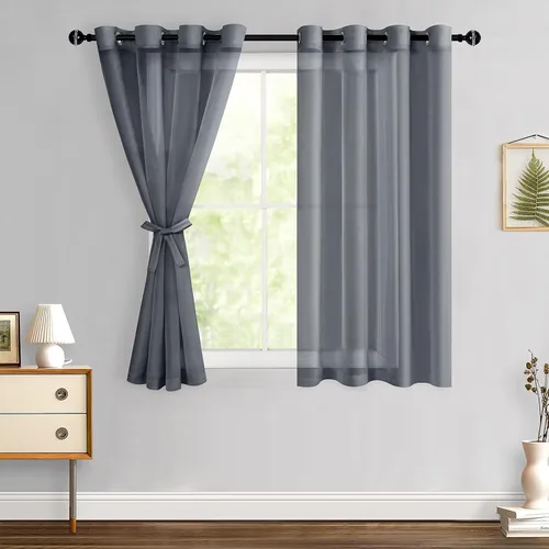 Miniatura 143 de Hiasan - Cortinas traslúcidas de gasa cortas semitransparentes con ojales y alzapaños filtrantes de luz para ventana, dormitorio, baño, 2 paneles