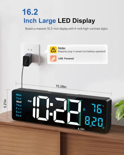 Miniatura 8 de Reloj de pared digital, reloj digital de pantalla grande de 40 cm con luz nocturna, reloj de pared con DST, alarma, LED, fecha, semana, temperatura
