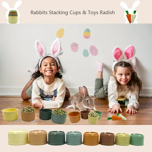 Miniatura 2 de KYHSOM 8 tazas apilables para conejos – 2 juguetes de conejo de rábano – diferentes tamaños y colores de tazas apilables reutilizables de conejo