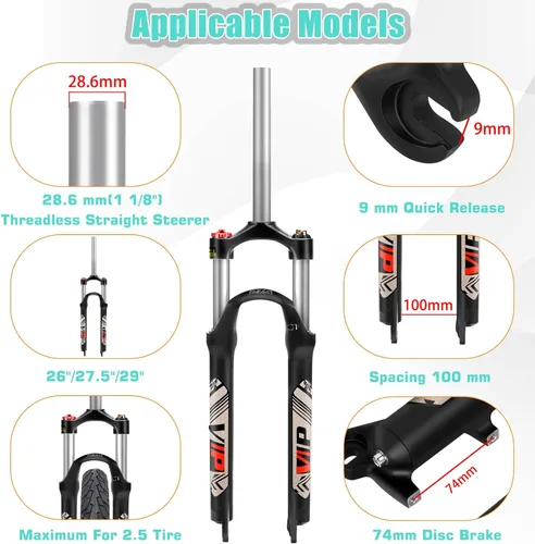 Miniatura 2 de BUCKLOS 26/27.5/29 Horquilla de Suspensión MTB de 100mm, Tubo Recto de 28.6mm QR 9mm de Ajuste de Corona de Aleación de Aluminio para Bicicleta