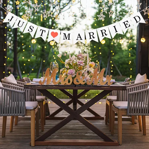 Miniatura 2 de Letras de madera y pancarta para boda - Just Married & Mr. & Ms. Decoración - Oro champán