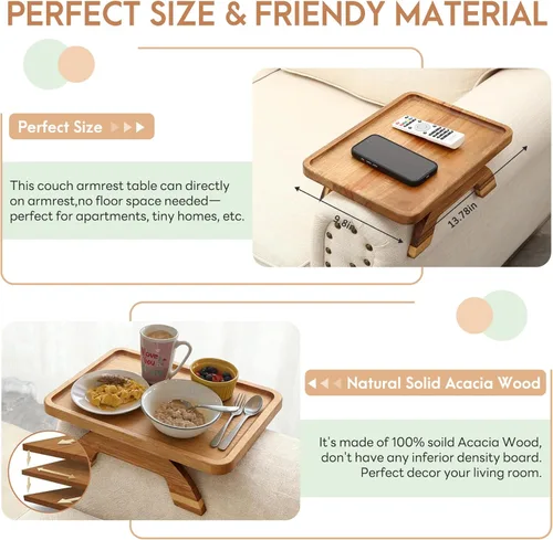 Miniatura 4 de SINWANT Mesa de Brazo para Sofá, Bandeja de Reposabrazos de Madera de Acacia para Sofá, 13.78" Bandejas Plegables de Reposabrazos de Sofá
