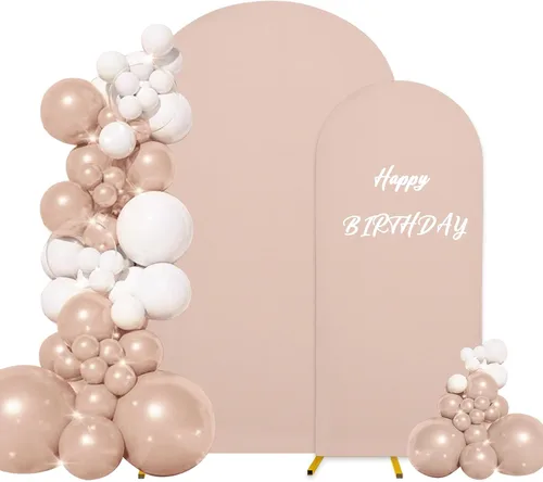 Miniatura 28 de Juego de 2 fundas para arco de boda de 2 lados, parte superior redonda de spandex, funda ajustada para telón de fondo de arco para fiesta de Beige