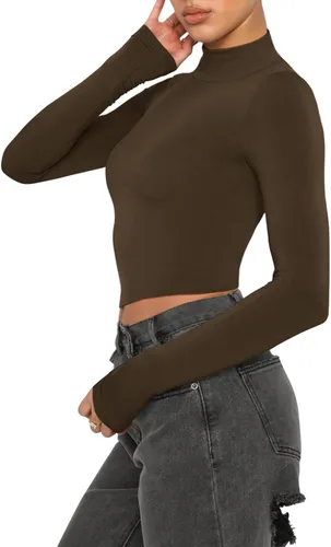 Miniatura 2 de REORIA Camisetas ajustadas de manga larga con cuello alto falso para mujer