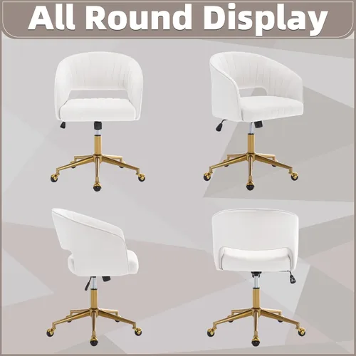 Miniatura 8 de ABET Silla de escritorio con ruedas, silla de terciopelo para oficina en casa, sillón giratorio con base dorada, sillas decorativas modernas Crema
