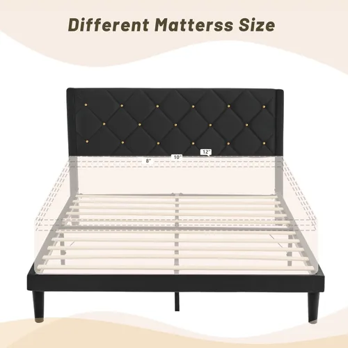 Miniatura 7 de Base de cama de plataforma de tamaño matrimonial con cabecera de terciopelo, soporte de listones de madera resistente, base de colchón, no requiere