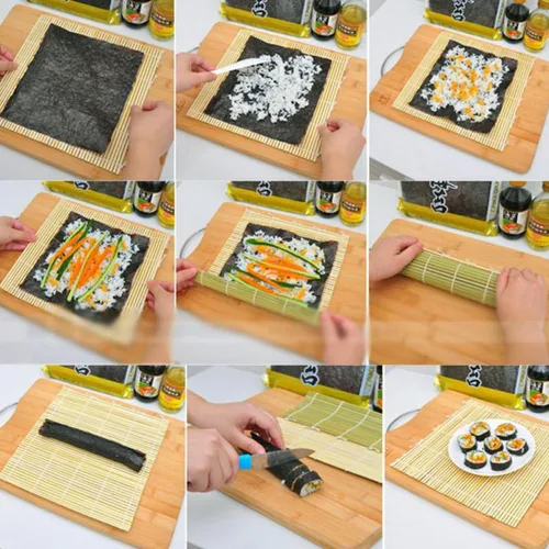 Miniatura 9 de GARASANI Paquete de 2 kits de fabricación de sushi de bambú, 2 tapetes de bambú natural, 1 cepillo de cocina, 9.4 x 9.4 pulgadas (beige)