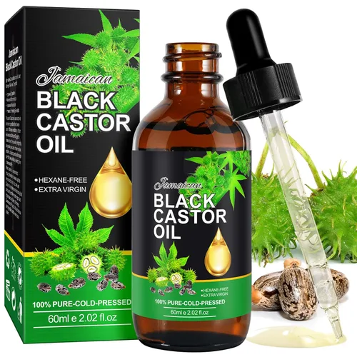 NIFEISHI Aceite de Ricino, Aceite de Ricino Negro Jamaiquino Orgánico Prensado en Frío Sin Refinar en Botella de Vidrio, 100% Puro y Orgánico Aceite