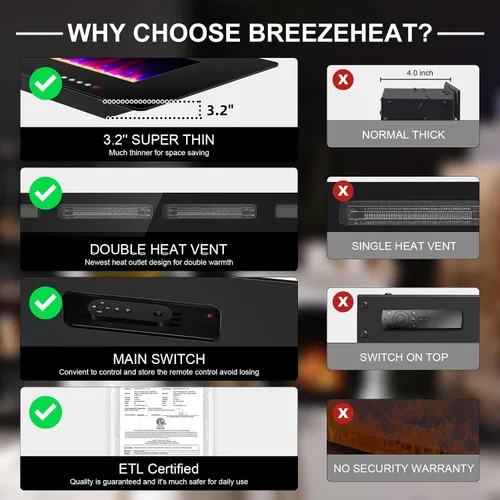 Miniatura 2 de BREEZEHEAT Chimenea eléctrica ultrafina de 50 pulgadas, calentador de chimenea independiente o empotrado en la pared, control remoto, pantalla