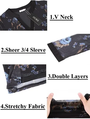 Miniatura 5 de Supnier Blusas elegantes para mujer, manga 34, cuello en V, con estampado floral, camisas de malla, ajuste holgado