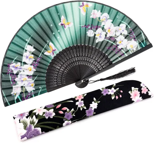 Miniatura 16 de Abanico plegable de seda y bambú, 8.27 pulgadas (21 cm), estilo retro, vintage, elegante y encantador, chino/japonés, regalo para mujeres y niñas