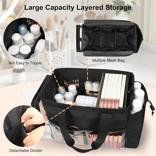 Miniatura 3 de TANTO Bolsa de maquillaje extra grande, bolsa de maquillaje para artista con divisor, bolsa organizadora de cosméticos profesional, bolsa
