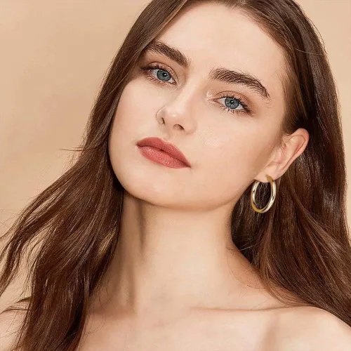 Miniatura 5 de Aretes de aro para mujer chapados en oro de 14 quilates ligeros y gruesos abiertos de acero inoxidable quirúrgico 316L con postes gruesos dorados