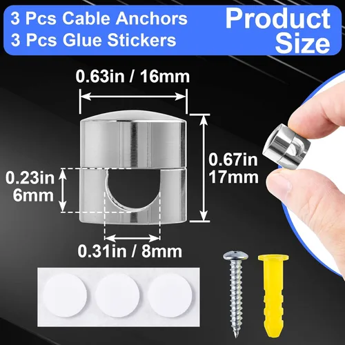 Miniatura 2 de SmallCat 3 juegos de soportes de cargador para cables, soportes de anclaje de cable ajustables plateados, clips de cable de metal adhesivos