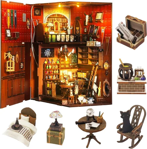 Miniatura 8 de Rincón de libros, kit de casa en miniatura, rompecabezas 3D de madera, luces LED, manualidades de decoración para adultos y adolescentes